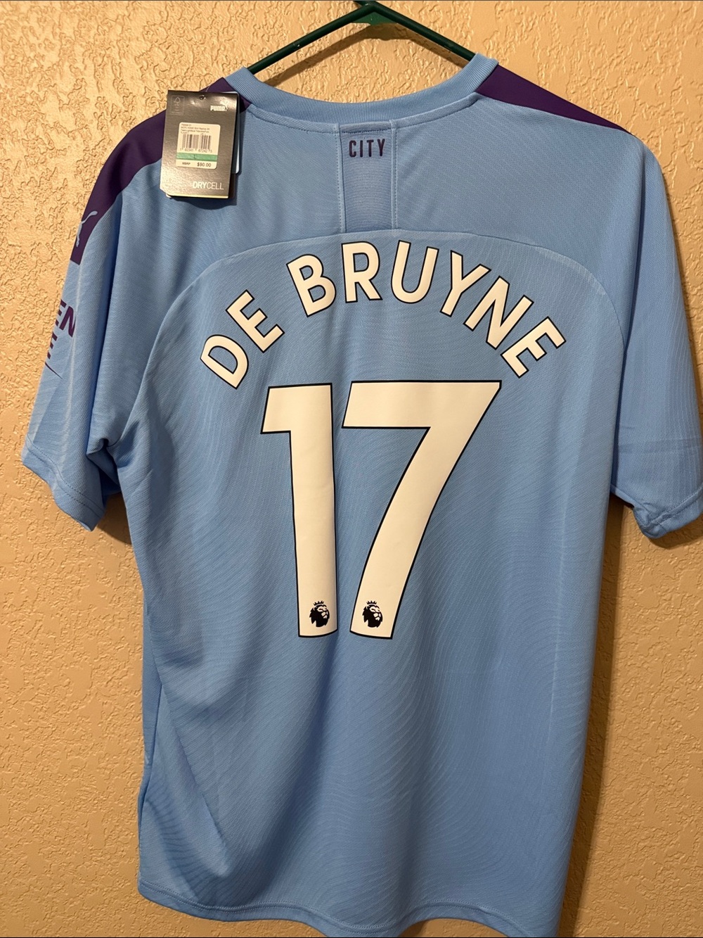 Puma Sky Blue and Purple Soccer Jersey with De Bruyne 17